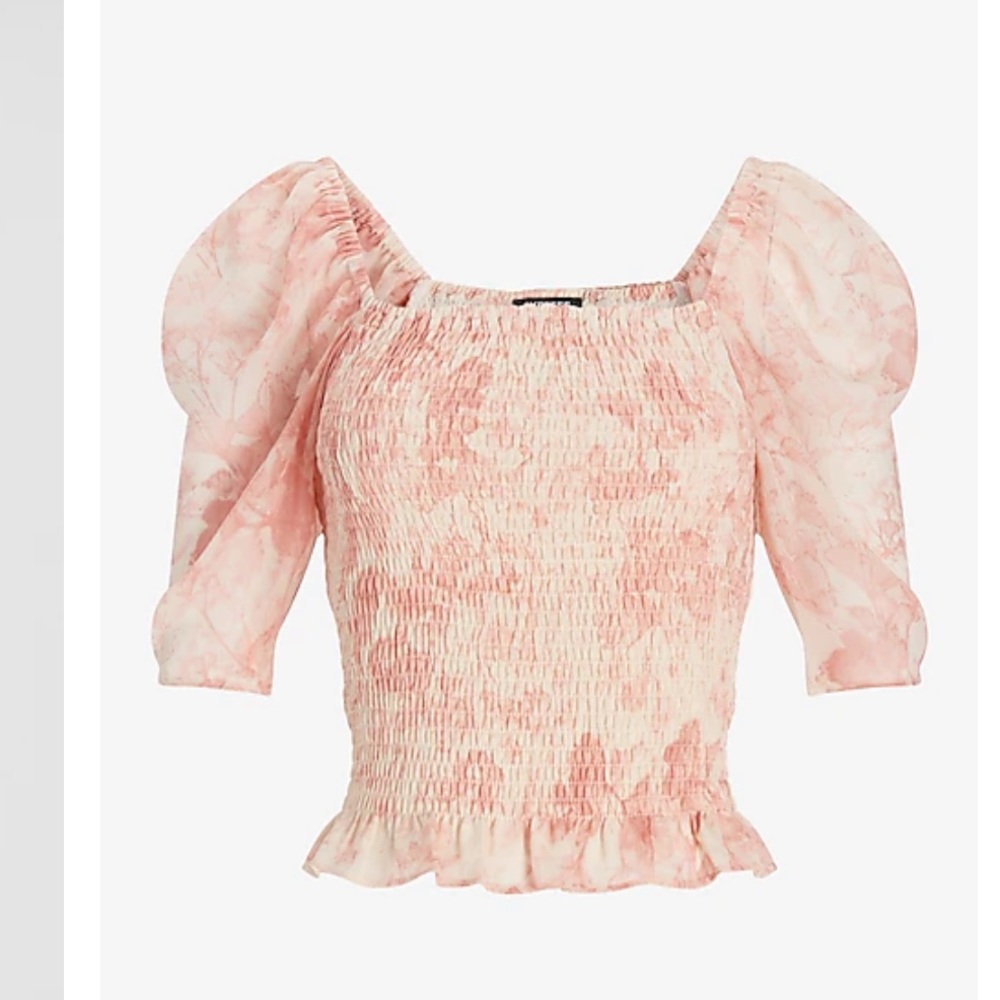 Express Abstract Puff Sleeve Smocked Top
